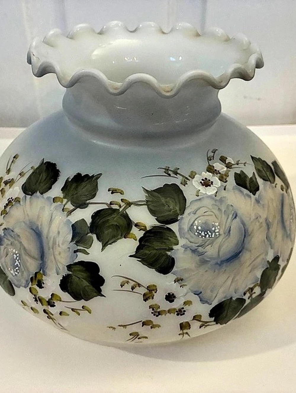 Vintage 7" Fitter Hurricane Lamp Shade Hand Painted Blue Rose Milk Glass 1987